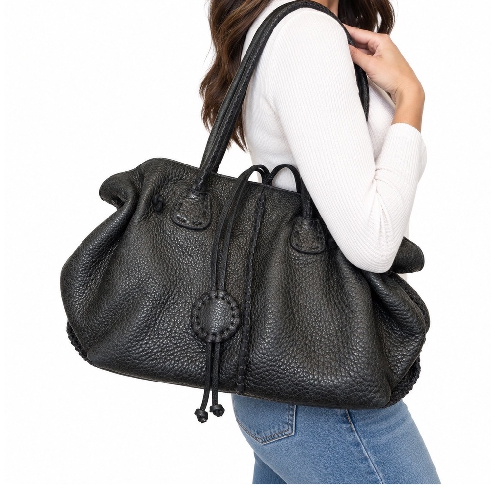 Carlos Falchi Fatto a Mano Metallic Charcoal Grey Pebbled Leather Tote Bag